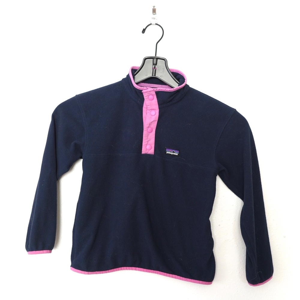 Patagonia Kids Navy Blue Fleece Pullover with Pink Trim